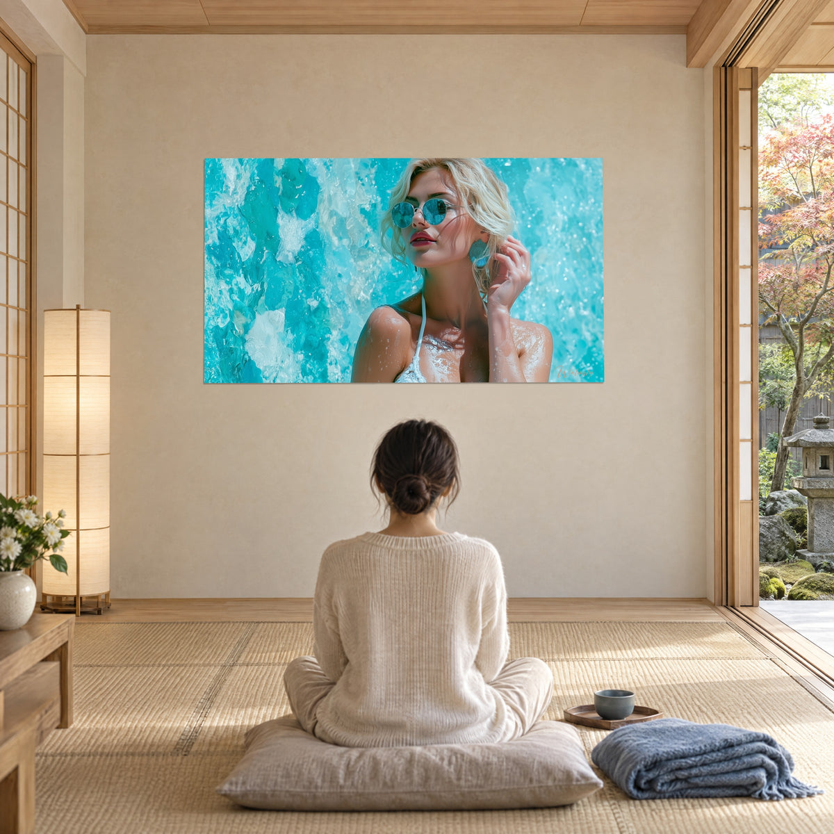 Wall art blonde model under a rain of cyan water, round glasses, carmine lips, a person seen from behind seated on a cushion facing the beige wall