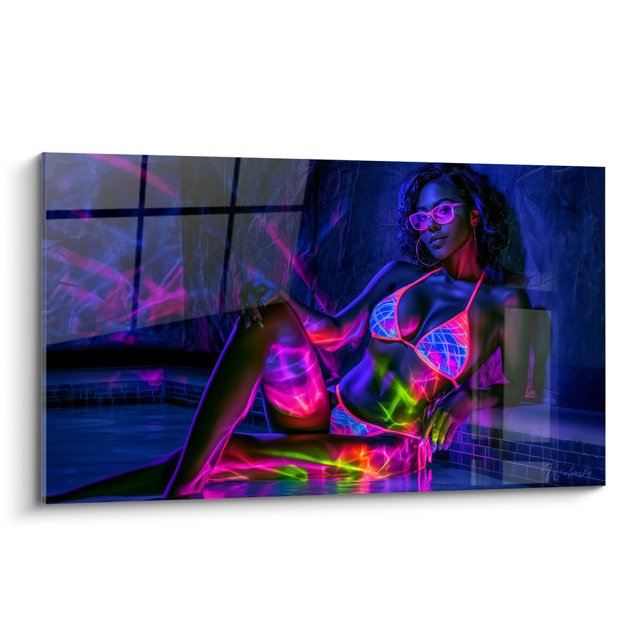 Tableau Bikini fluorescent rose et bleu au bord d'une piscine - Lunettes roses et boucles d'oreilles - Edition sexy