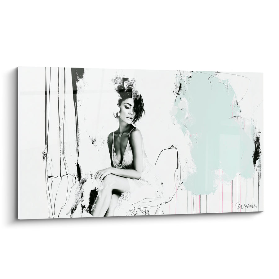 Tableau Femme assise en noir et blanc menthe - Pensée suspendue - Edition sexy