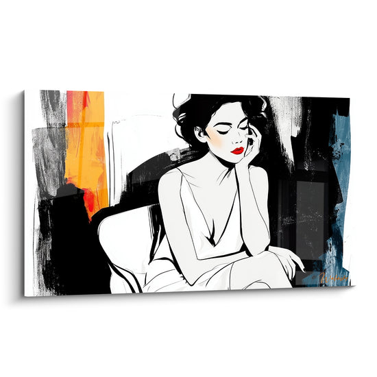 Femme assise en robe blanche, cheveux noirs, lèvres rouge vif, fond orange et anthracite