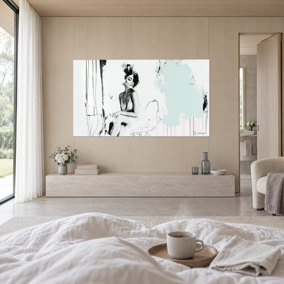 Schilderij van een dromerige pose in zwart-wit, grote mintgroene vlak en een inktkapsel, hangend boven een bed in een lichte slaapkamer