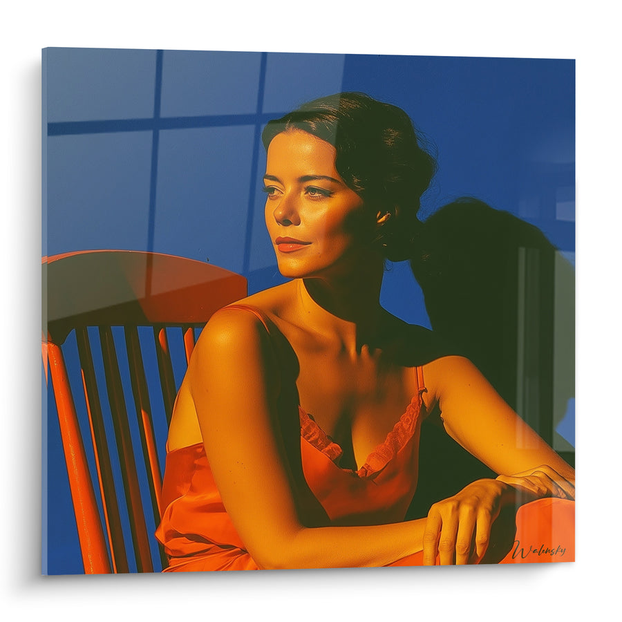 Tableau Femme en nuisette orange chaise bleue - Pensée du soir - Edition sexy