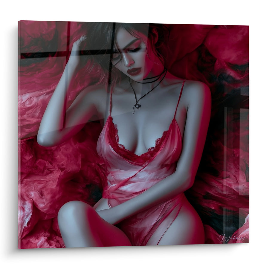 Tableau Femme assise en nuisette rouge - Rêverie voilée - Edition sexy