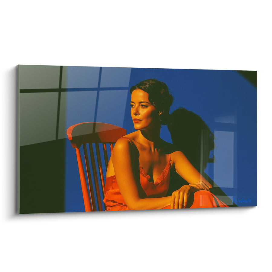 Tableau Femme assise robe orange fenêtre bleue - Songe au crépuscule - Edition sexy