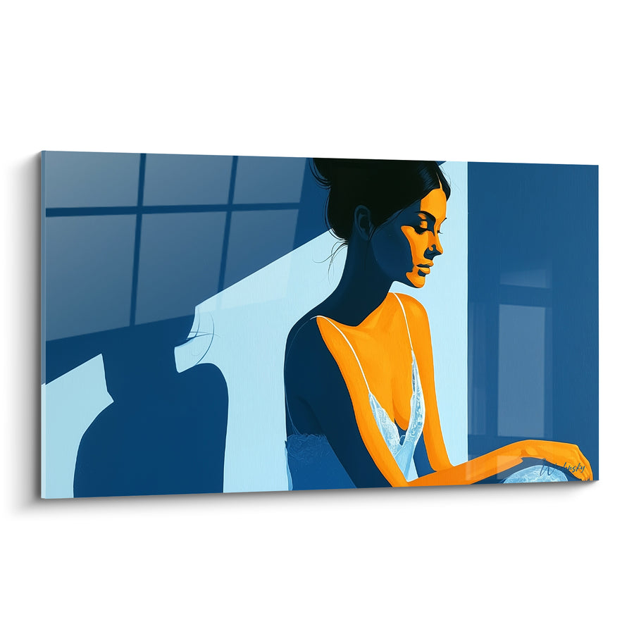 Tableau Femme bleu marine et orangé fenêtre - Pause matinale - Edition sexy