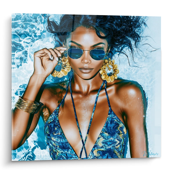 Tableau Femme lunettes bleues et boucles dorées - Éclaboussure d'assurance - Edition sexy