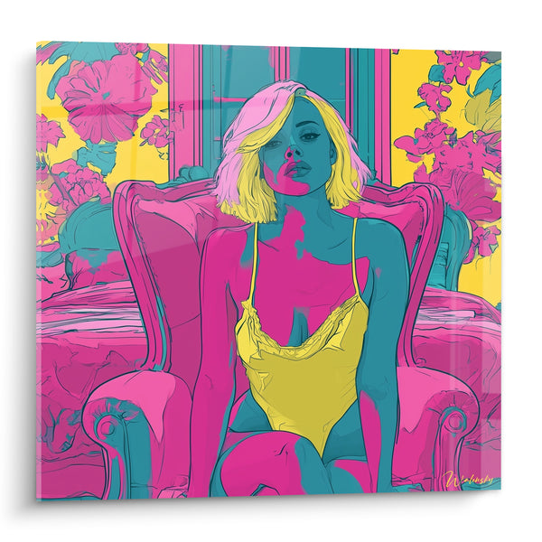 Tableau Femme en fauteuil baroque rose et jaune - Fleurs murales éclatantes - Edition sexy
