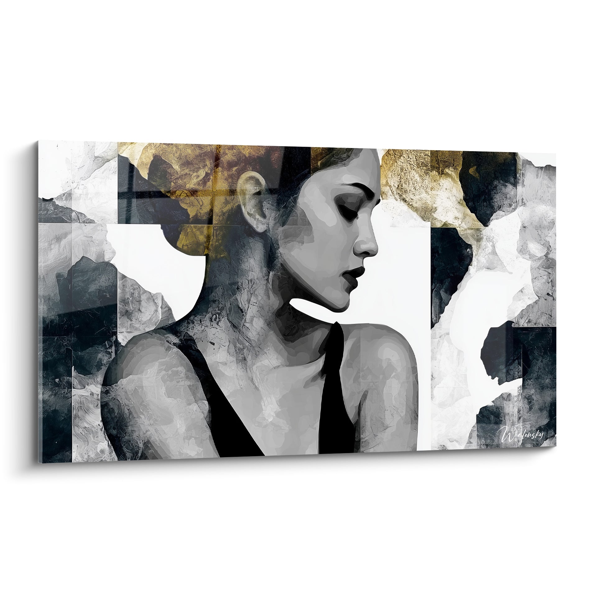 Portrait féminin de profil, tons anthracite et doré, composition fragmentée façon collage abstrait