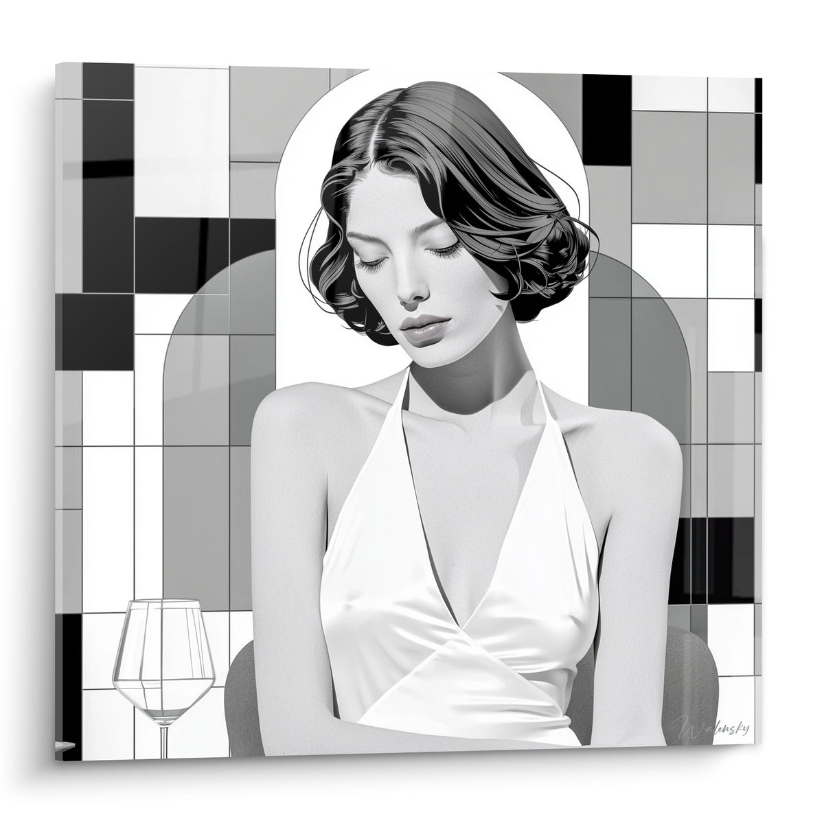 Femme brune aux yeux clos, robe blanche satinée, fond damier noir et gris, portrait sexy raffiné