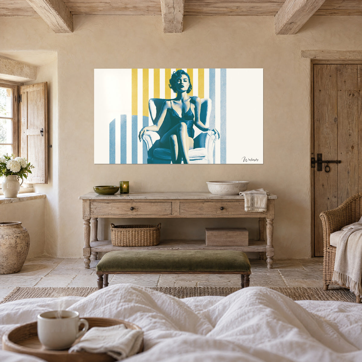 Wall art muse with brown curls, duck blue satin dress and yellow stripes, above a bed in a light bedroom