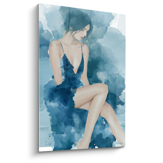 Tableau Femme assise robe bleu marine aquarelle - Confidence silencieuse - Edition sexy