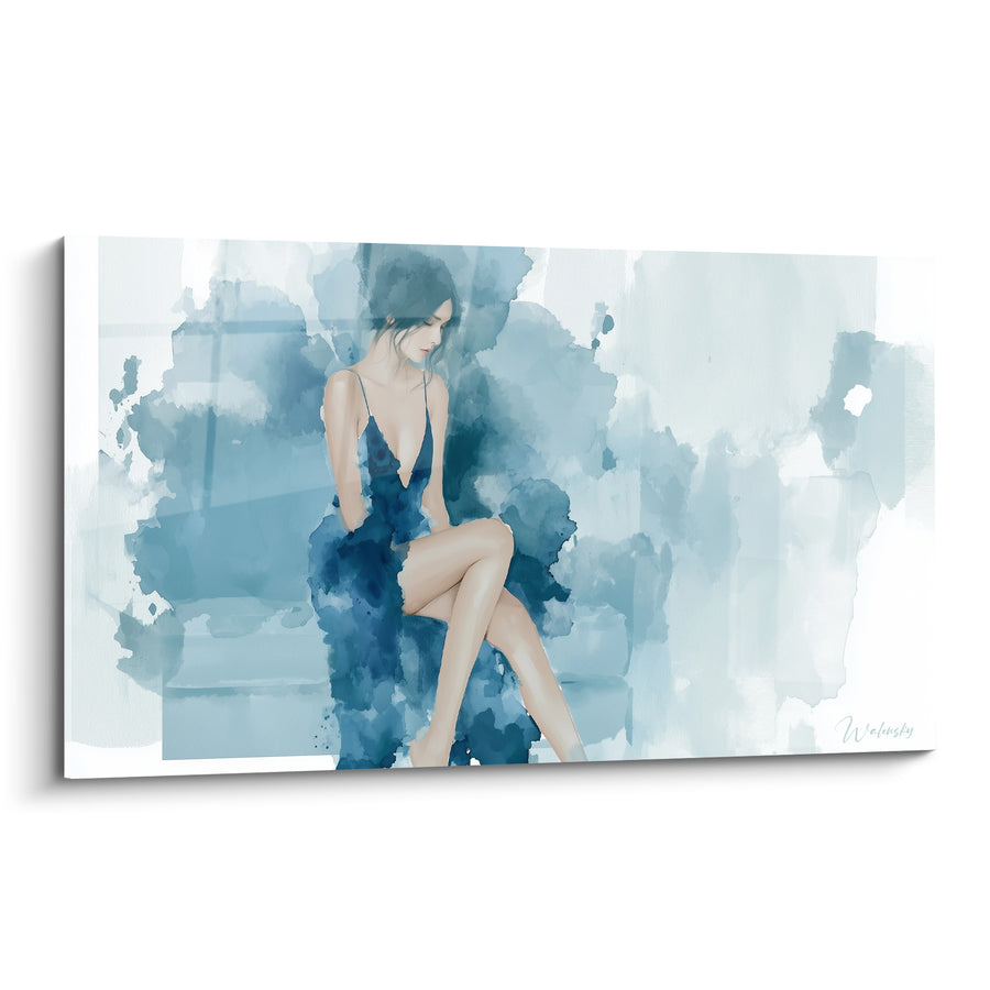 Tableau Femme robe bleue et blanche aquarelle diffuse - Jambes croisées nues - Edition sexy