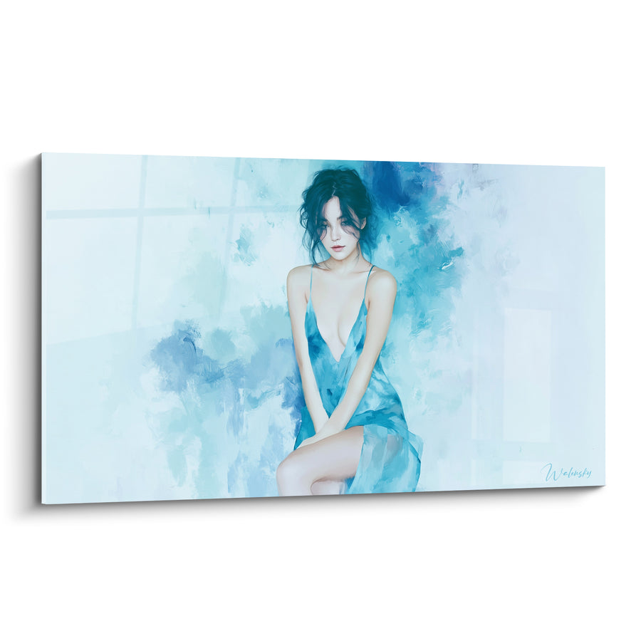 Tableau Femme assise robe bleue échancrée - Songe évanescent - Edition sexy