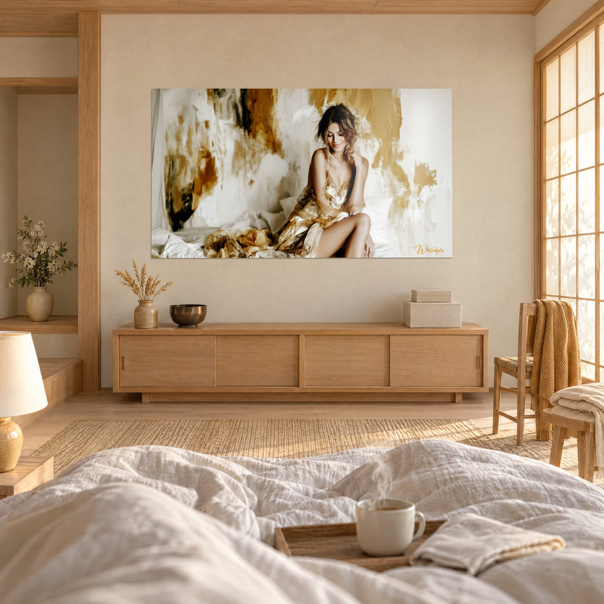 Schilderij van een model zittend op witte lakens, gouden sluier en okerkleurige schilderkunst op de achtergrond, twee personen van achteren, boven een bed in een lichte slaapkamer