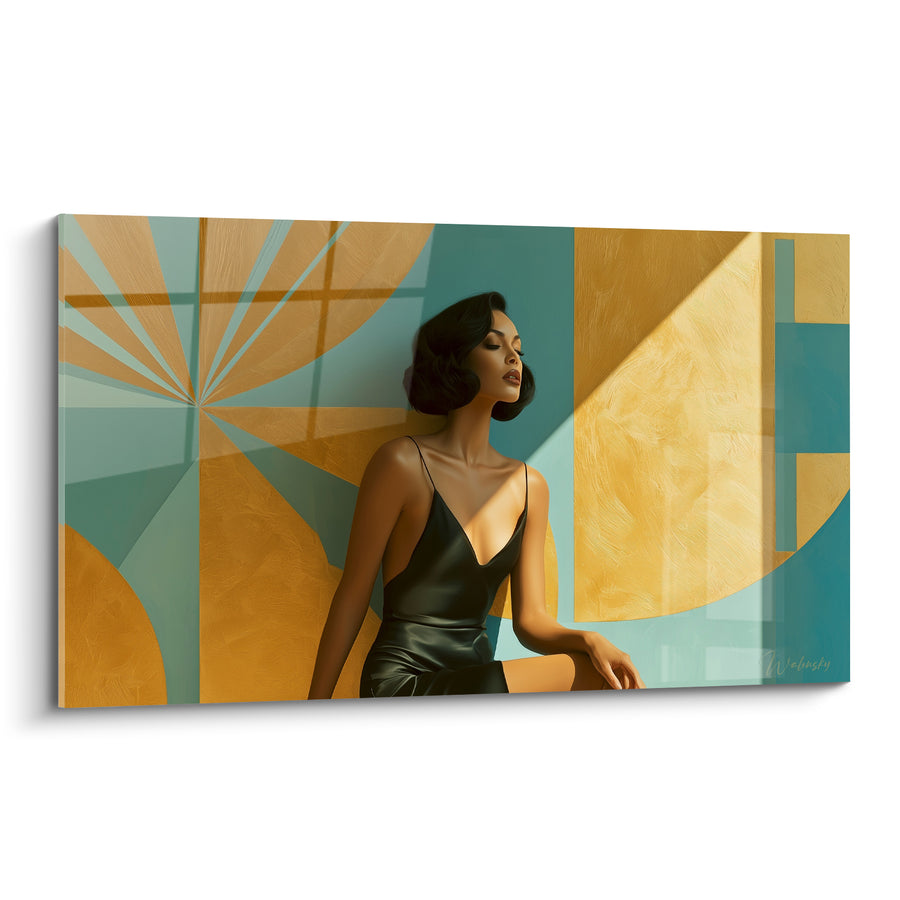 Tableau Femme en robe noire fond doré turquoise - Élégance solaire - Edition sexy