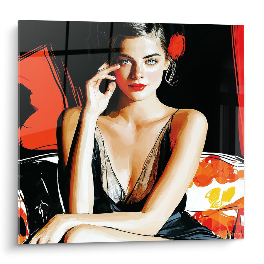 Tableau Femme brune en robe noire nuit - Attitude envoûtante - Edition sexy