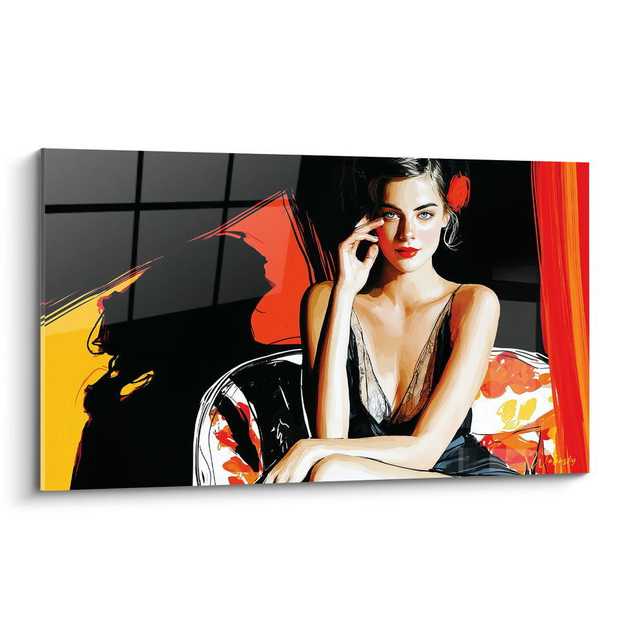 Tableau Femme assise en robe noire vaporeuse - Regard qui envoûte - Edition sexy