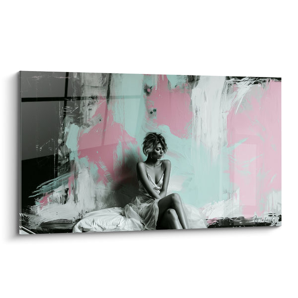 Tableau Femme assise robe rose et menthe - Réveil songeur - Edition sexy