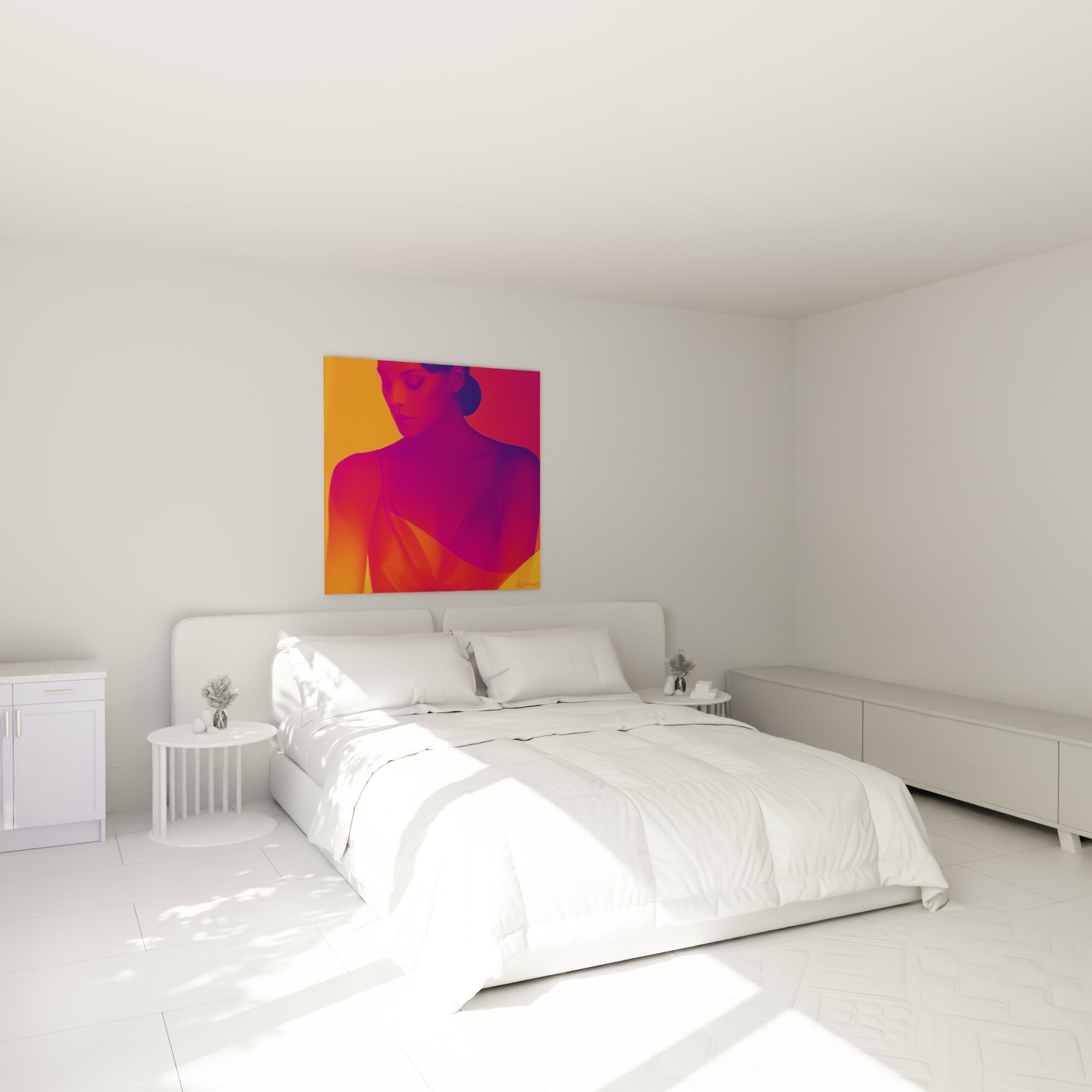Buste féminin orange vif et violet profond posé au-dessus d'un lit dans une chambre claire
