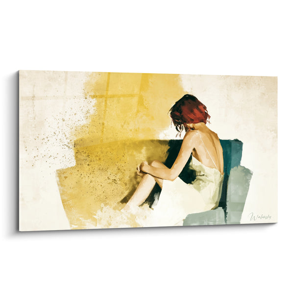 Tableau Femme rousse aux teintes ocre et sarcelle - Instant de retrait - Edition sexy