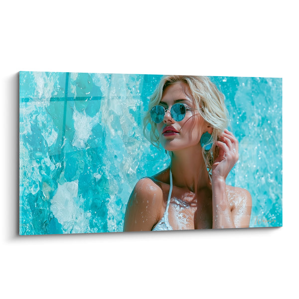 Tableau Lunettes rondes turquoise et blanc sous éclaboussures d'eau - Cheveux blonds mouillés - Edition sexy