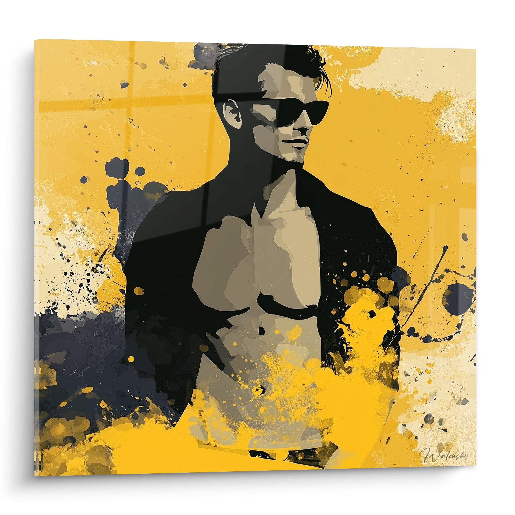 Homme torse nu jaune moutarde et anthracite, lunettes noires, éclaboussures de peinture pop