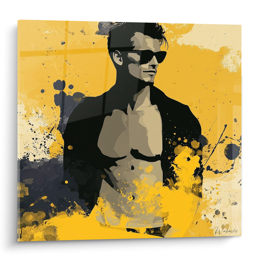 Tableau Homme torse nu jaune et anthracite - Assurance magnétique - Edition sexy