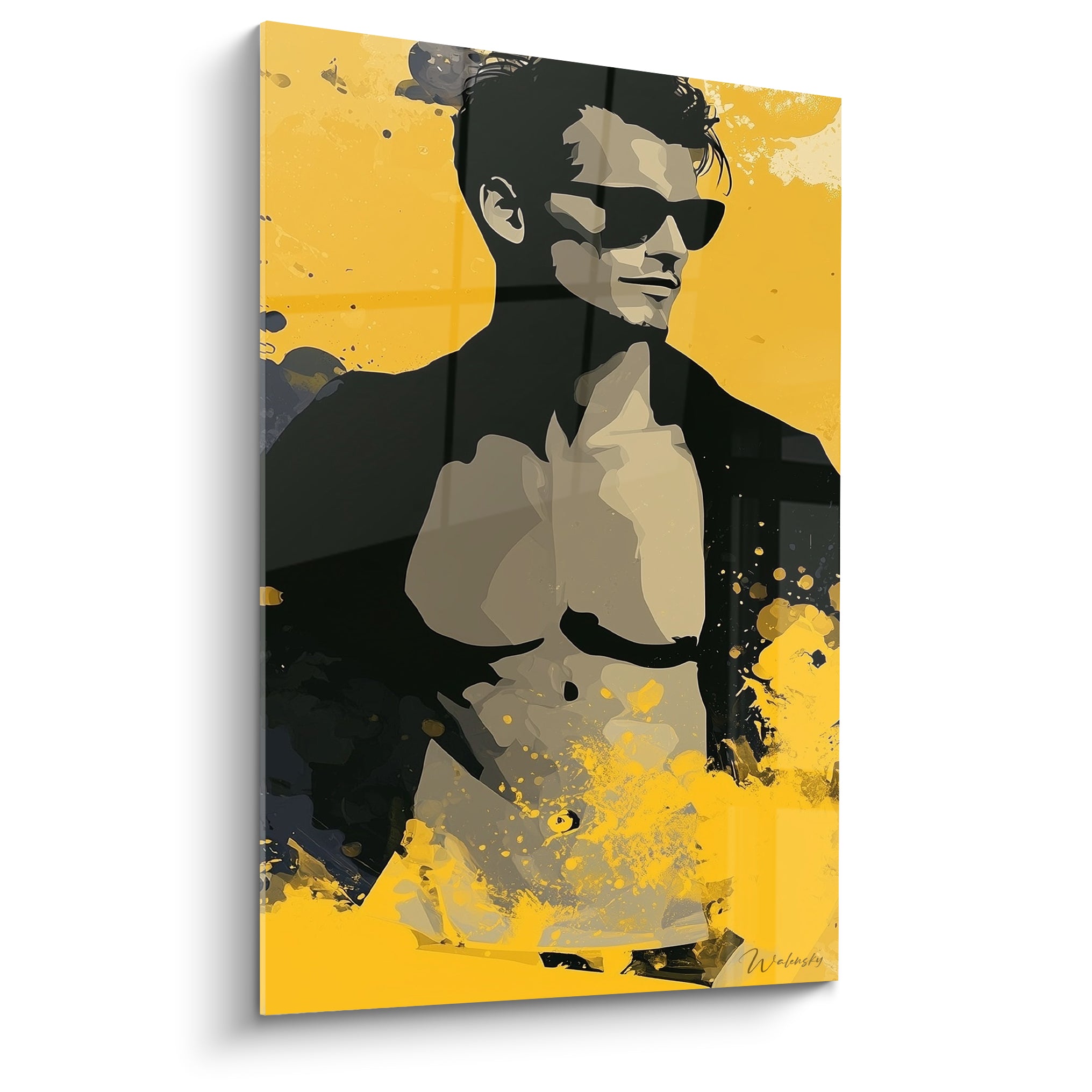 Homme torse nu et veste ouverte, tableau sexy pop art jaune moutarde et noir anthracite éclatant