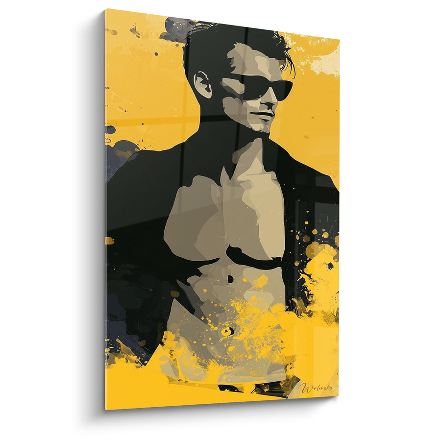 Tableau Homme torse nu jaune et noir moucheté - Veste ouverte entrouverte - Edition sexy
