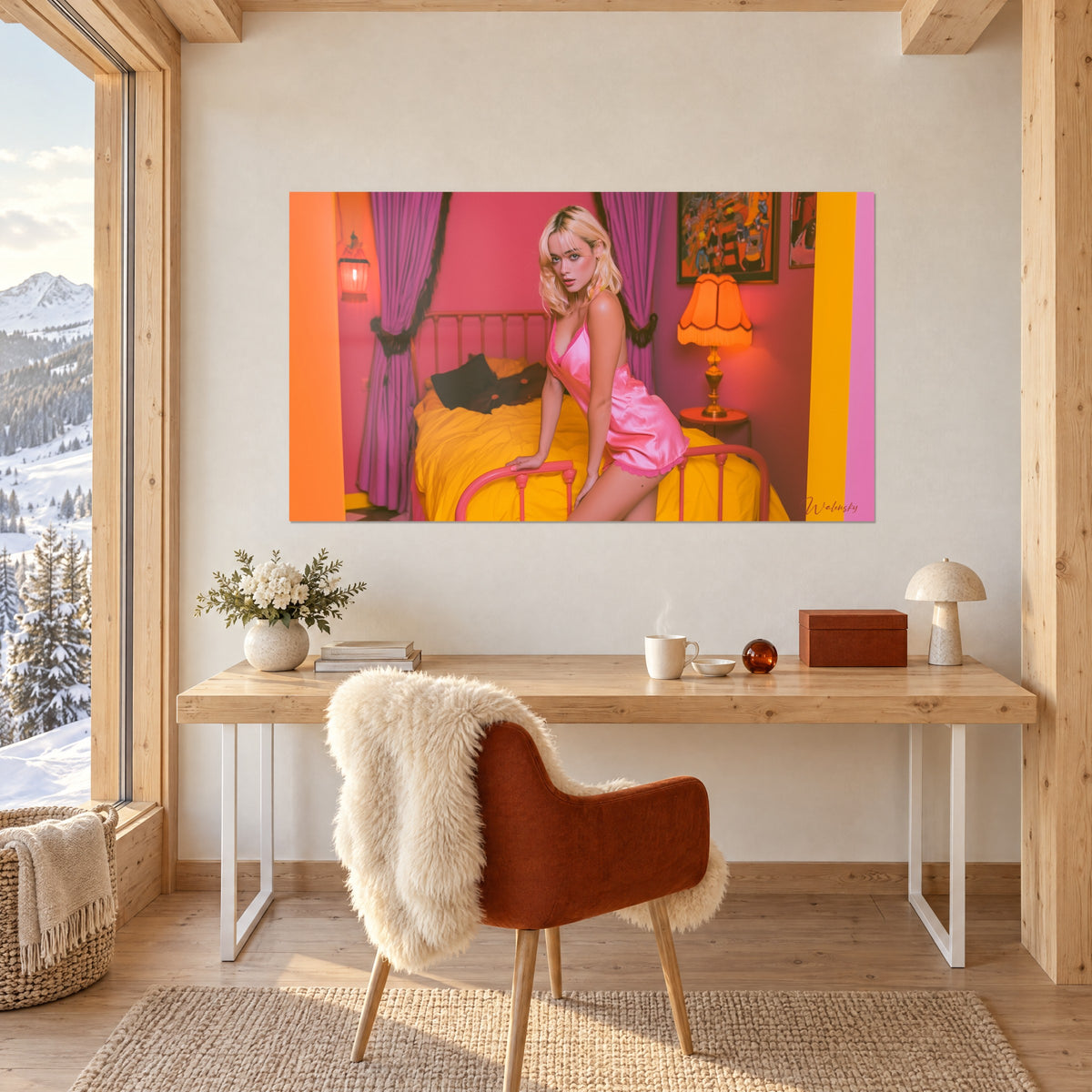 Cuadro dormitorio retro en rosa y naranja, joven en camisón de satén frente a cortinas moradas, sobre un escritorio de chalet