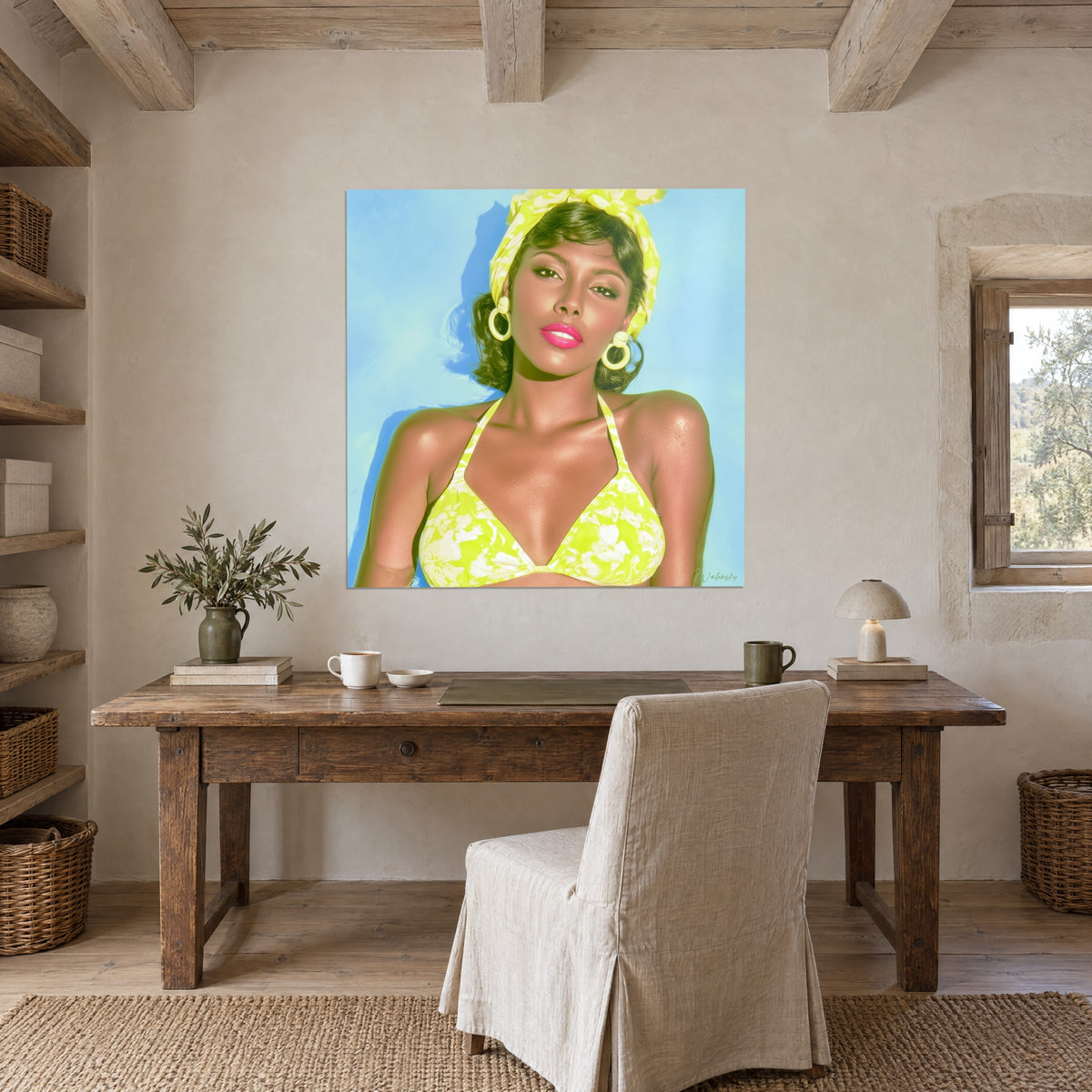 Quadro musa estiva con rossetto fucsia e costume verde lime, sfondo blu, sopra una scrivania in legno