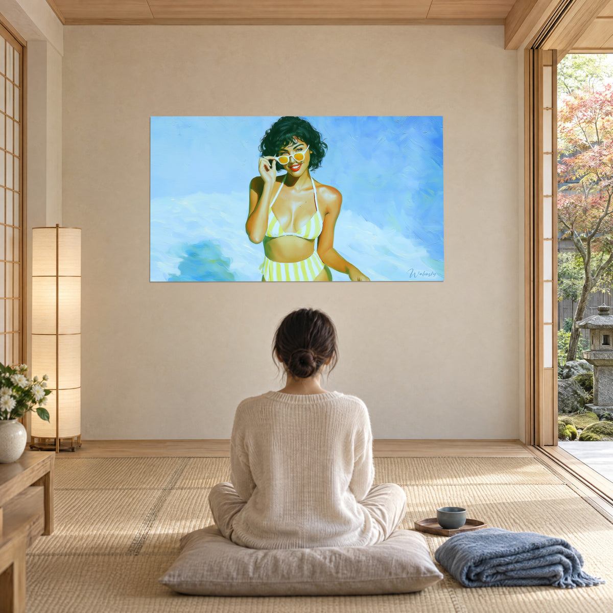 Wall art playful bather with red lips, yellow and white bikini, blue foam, watched by a seated woman, zen living room