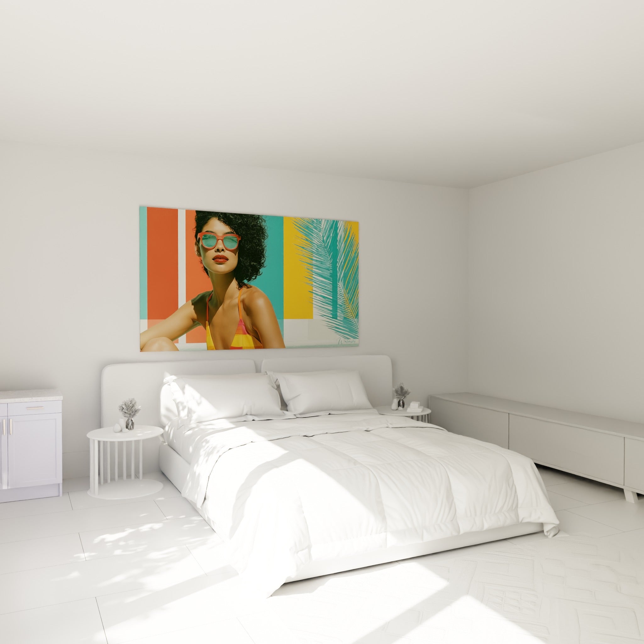 Portrait sexy aux tons corail et turquoise accroché au-dessus d'un lit dans une chambre claire
