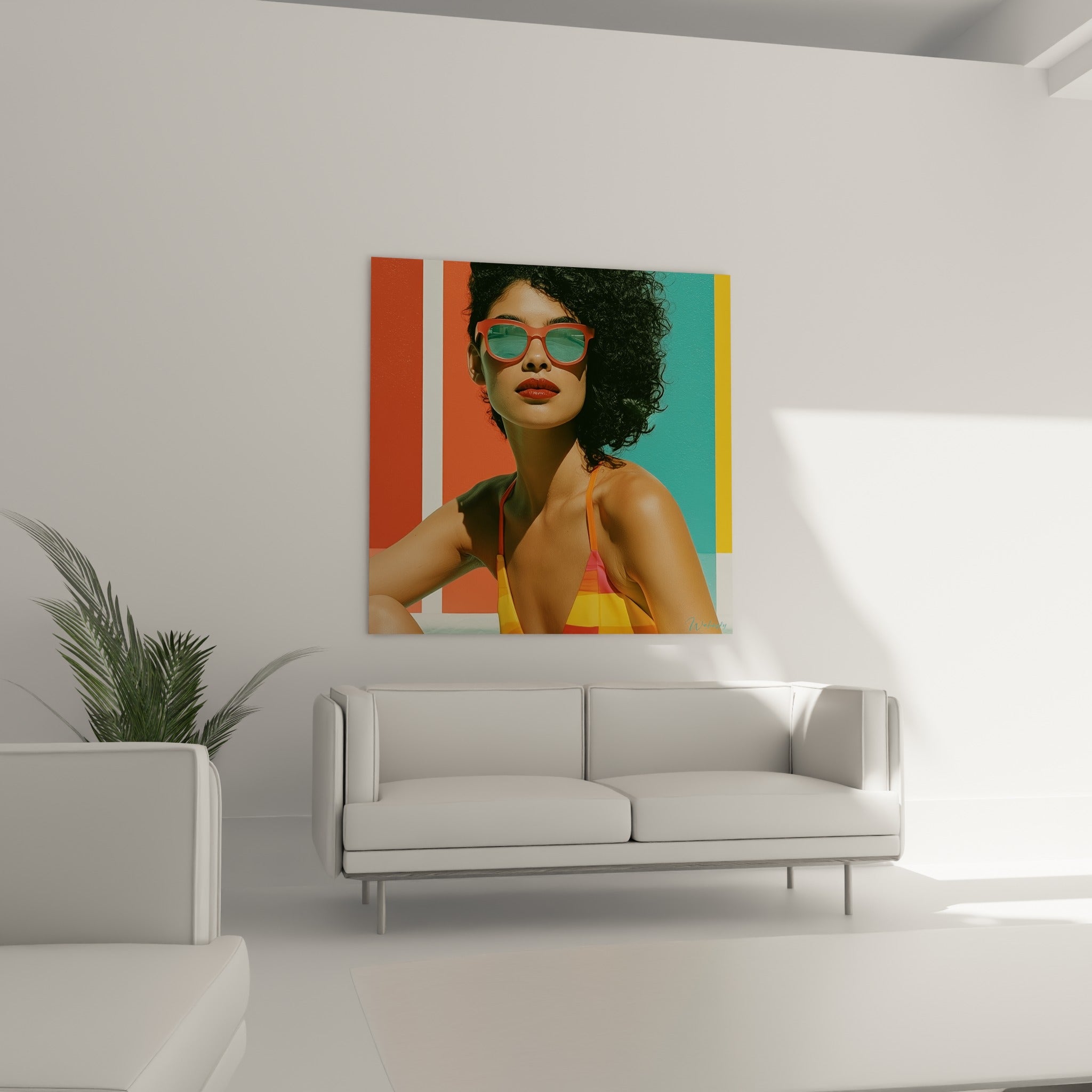 Maillot orangé et lunettes reflétant du bleu pastel, au-dessus d'un canapé dans un salon lumineux