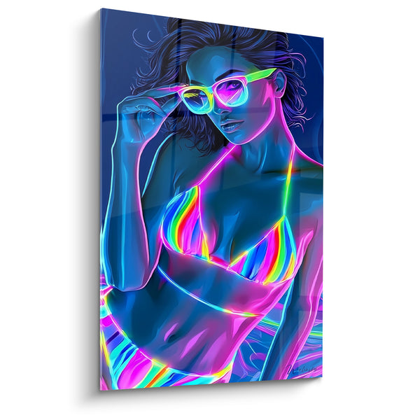 Tableau Bikini rayé rose et bleu fluorescent - Lunettes en néon - Edition sexy
