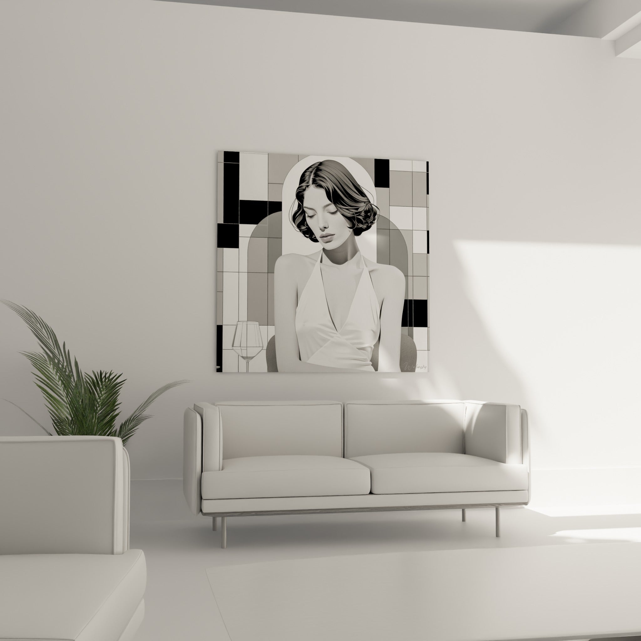 Silhouette féminine en satin blanc devant un damier noir et blanc, au-dessus d'un canapé dans un salon lumineux