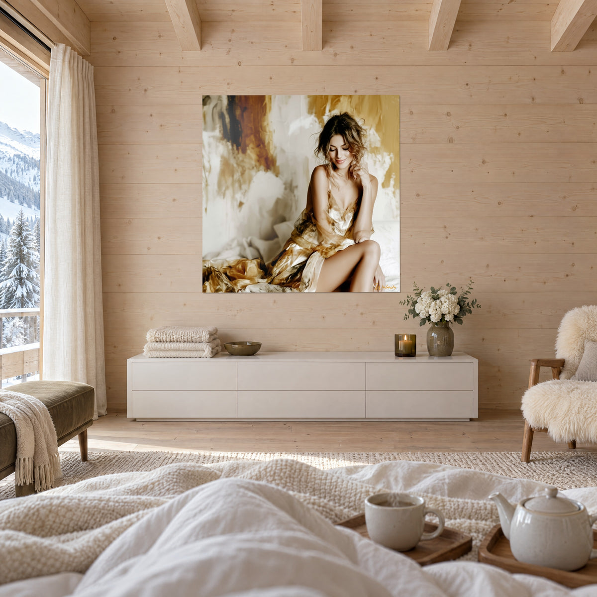 Schilderij muze met golvend haar, dunne bretel en wit kant, gouden en crèmekleurige achtergrond, boven een bed in een lichte slaapkamer