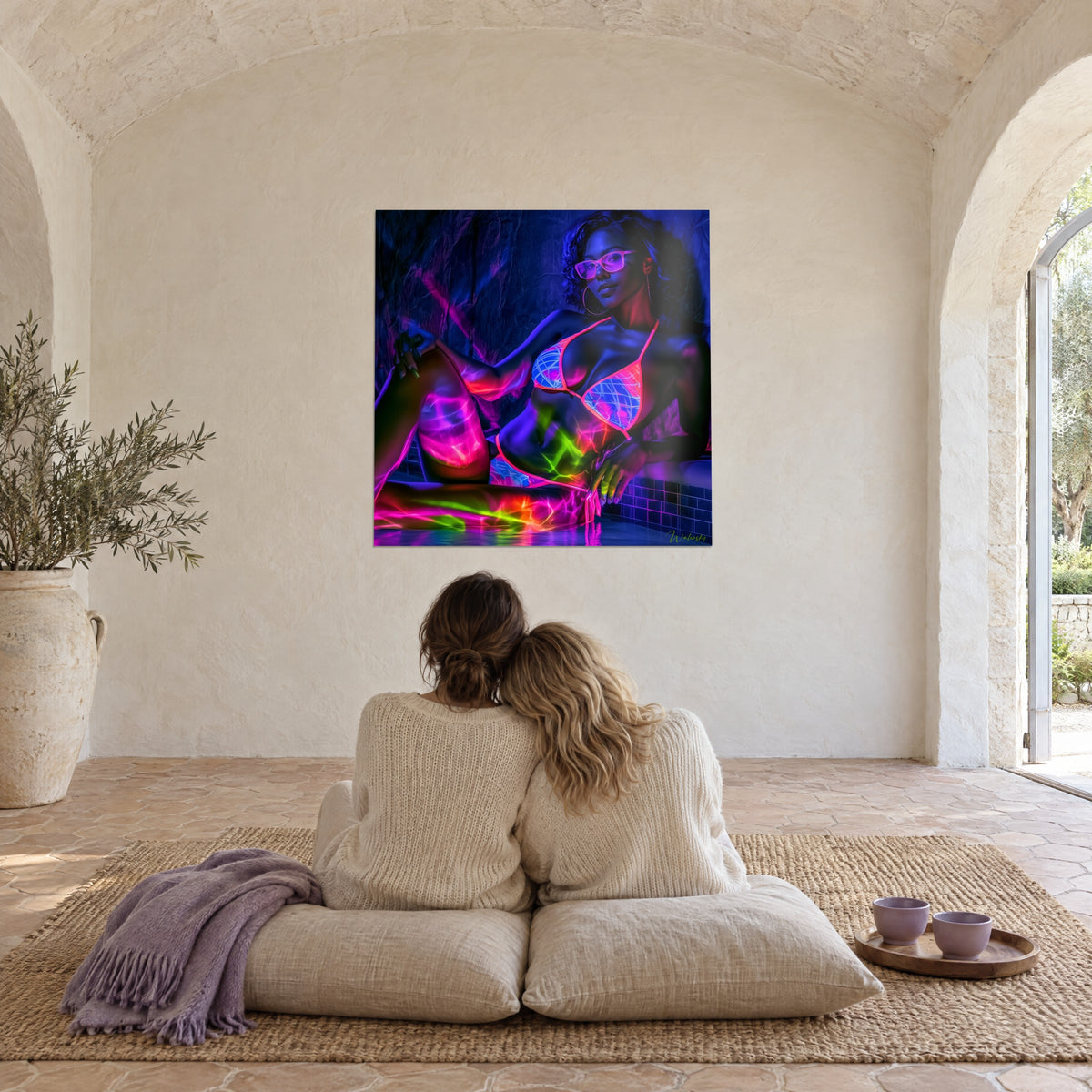Wall art of a bather lit by neon, frosted blue bikini with pink trim, violet shadows, facing an embracing couple on cushions