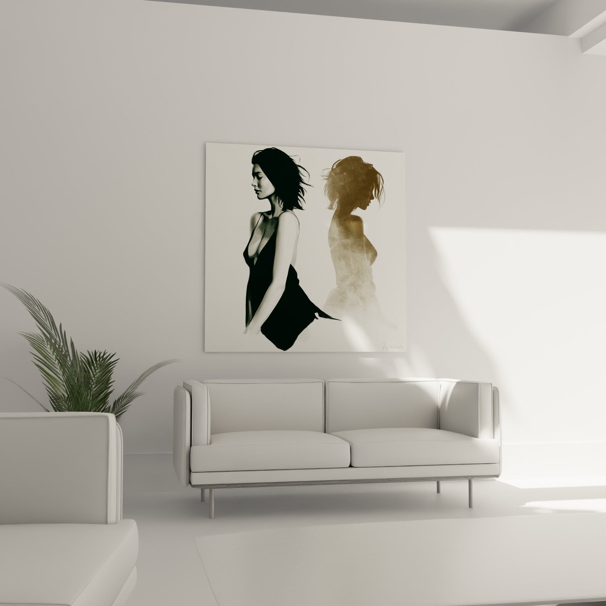 Figure féminine vêtue de noir et son ombre sépia surplombant un canapé dans un salon lumineux
