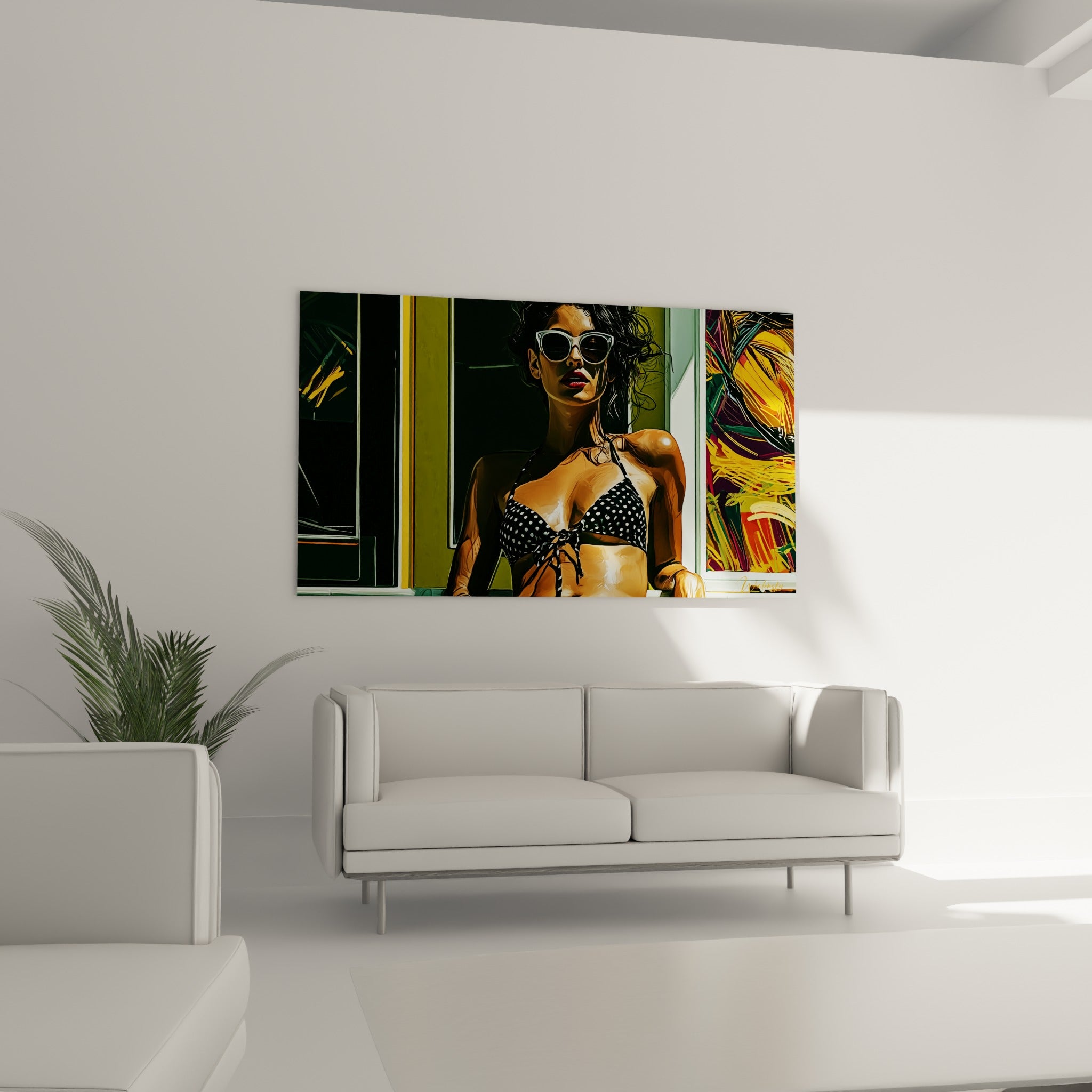 Peau bronzée éclairée, bikini noir et blanc, au-dessus d'un canapé dans un salon lumineux