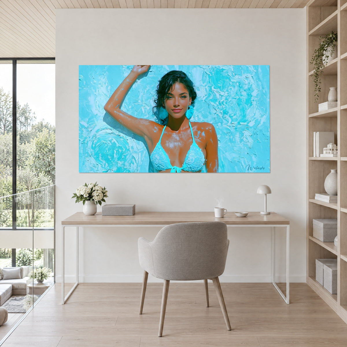Tableau beauté bronzée en bikini bleu ciel, bras relevé, empâtements turquoise et blancs, mur clair au-dessus d'un bureau en bois et d'une bibliothèque