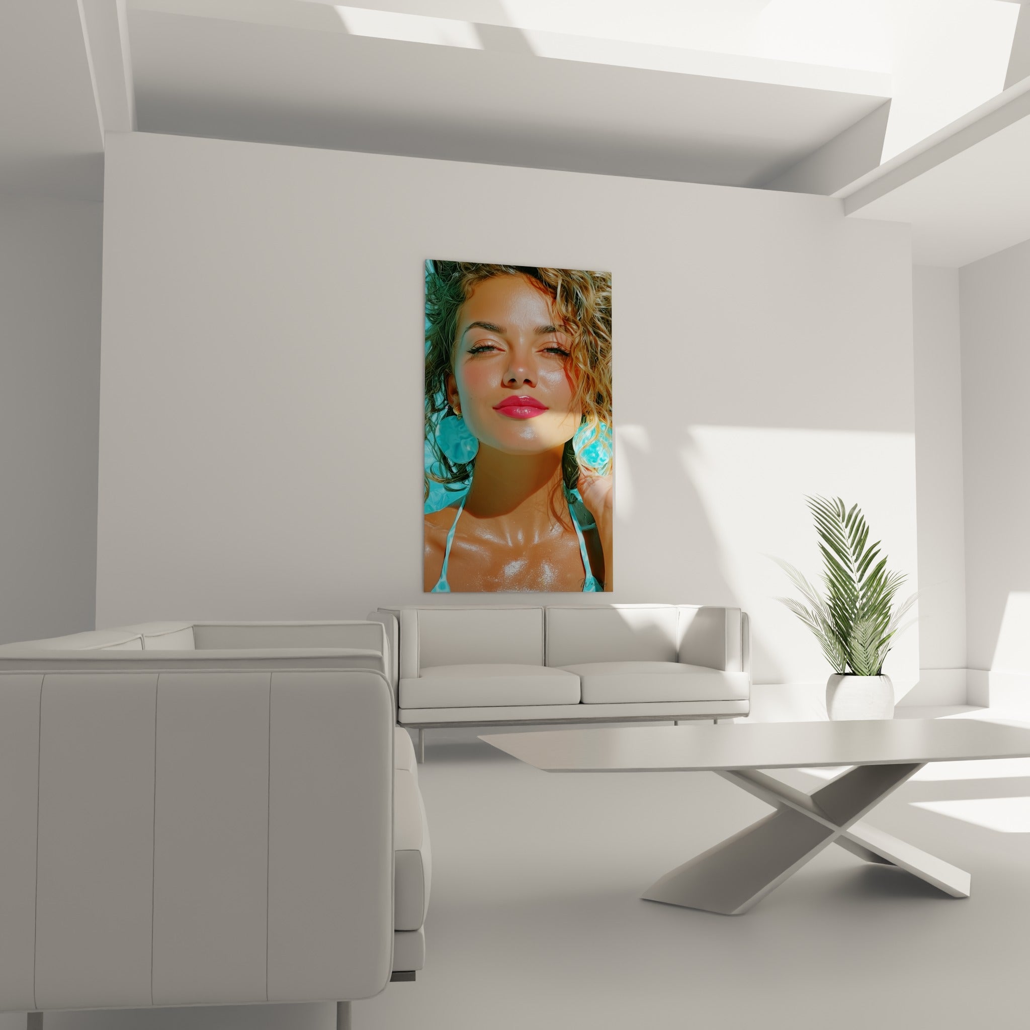 Visage sexy bronzé aux lèvres roses et bijoux turquoise, au-dessus d'un canapé dans un salon lumineux