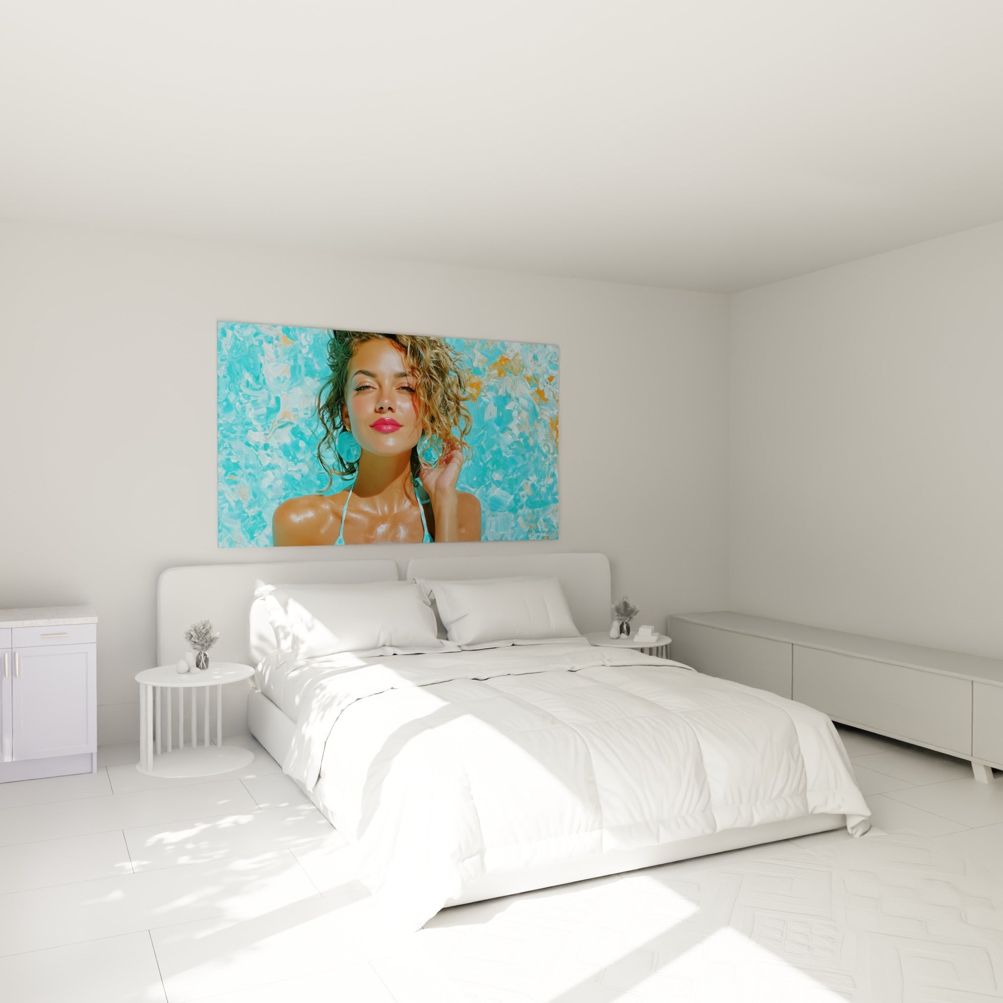 Regard sensuel et peau dorée en bikini turquoise, accroché au-dessus d'un lit dans une chambre claire