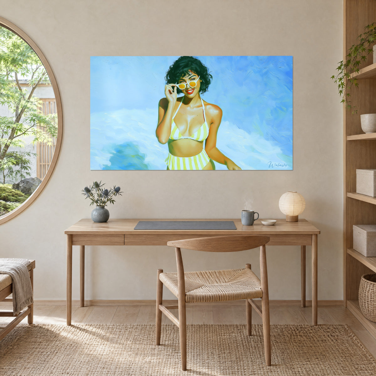Wall art painting of a woman with round sunglasses, yellow striped bikini, sky blue background, above a light wood desk