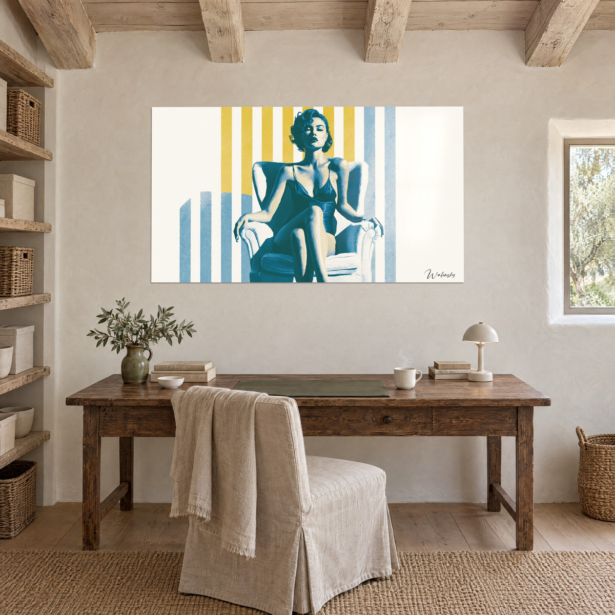 Wall art glamour portrait of a brunette with closed eyes, petrol blue dress and yellow stripes, above a raw wood desk