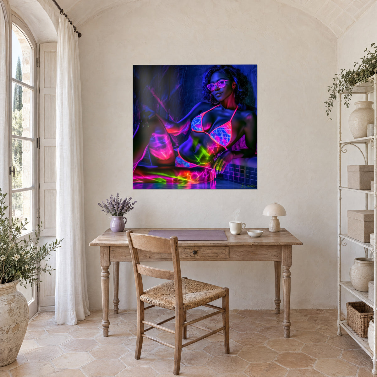 Wall art of a neon portrait of a woman with brown curls, mauve glasses, pink and blue bikini, hung above a wooden desk