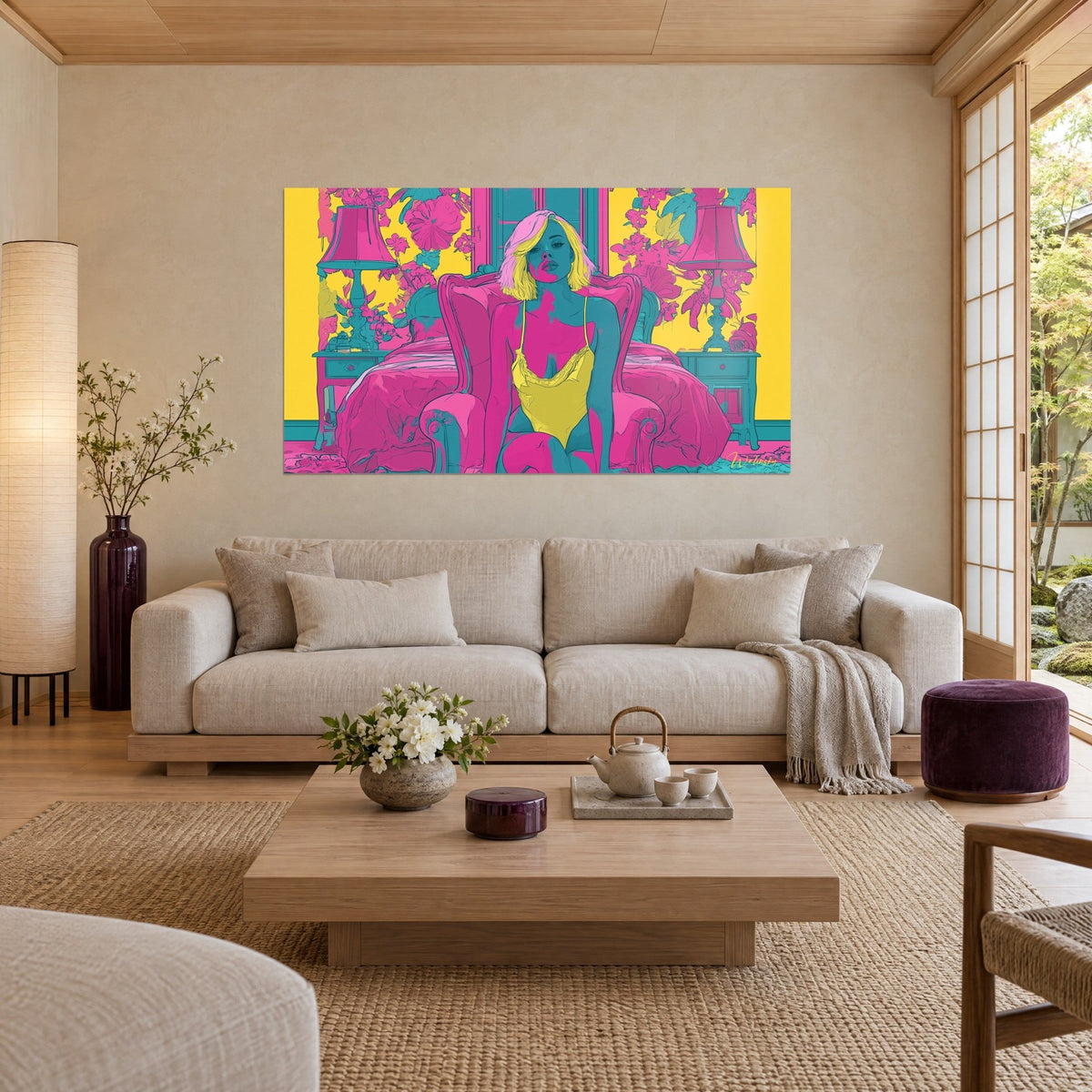 Quadro di una donna bionda con caschetto in camicia da notte giallo limone seduta in una poltrona rosa, sfondo giallo vivace, sopra un divano in un soggiorno luminoso