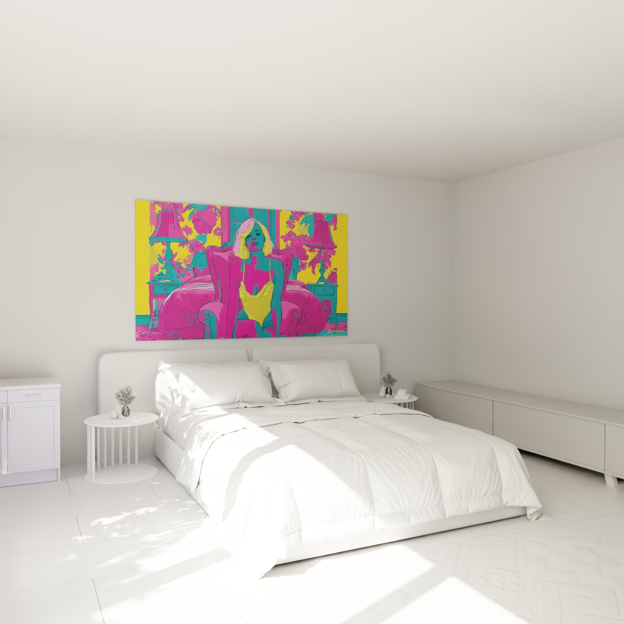 Silhouette fuchsia et jaune électrique posée au-dessus d'un lit dans une chambre claire