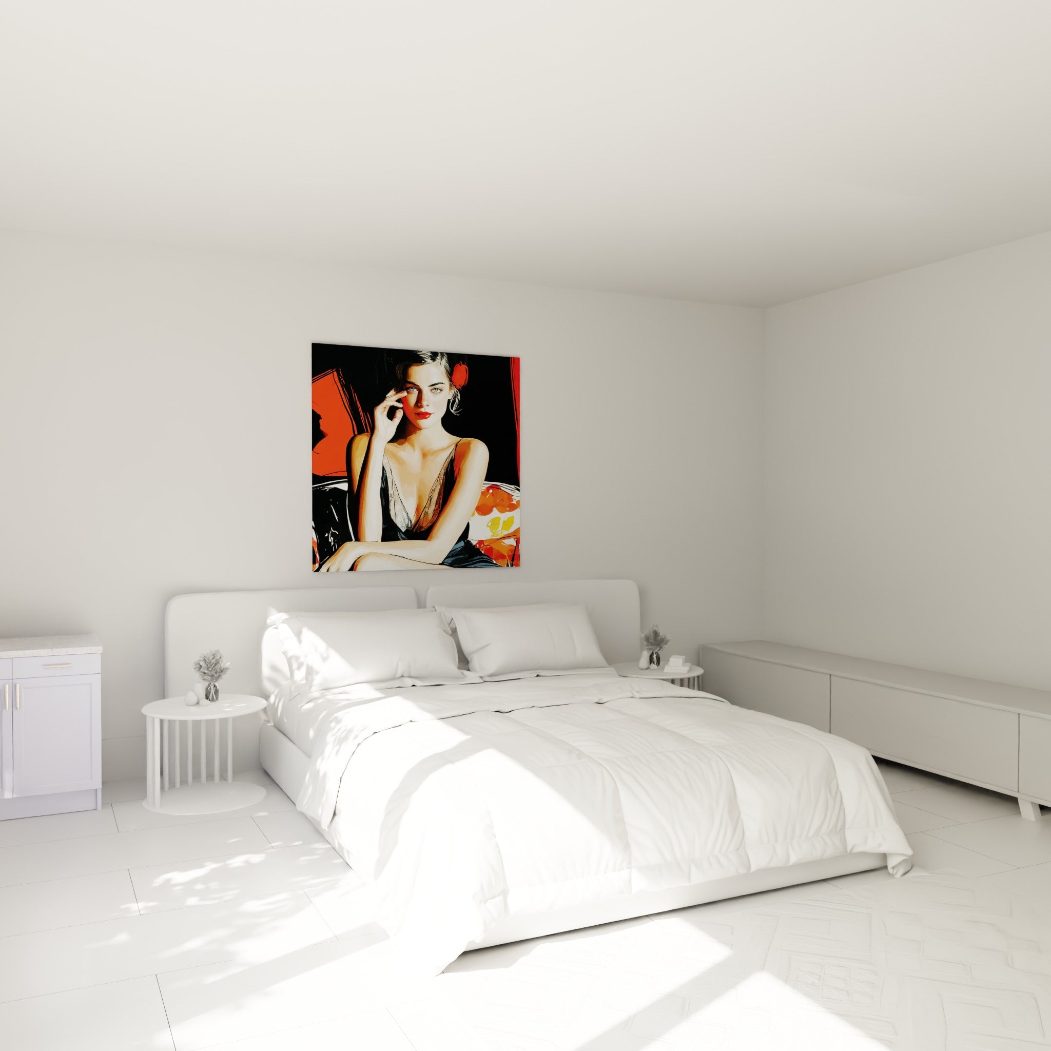 Portrait sensuel en noir et orangé, main portée au visage, accroché au-dessus d'un lit dans une chambre claire