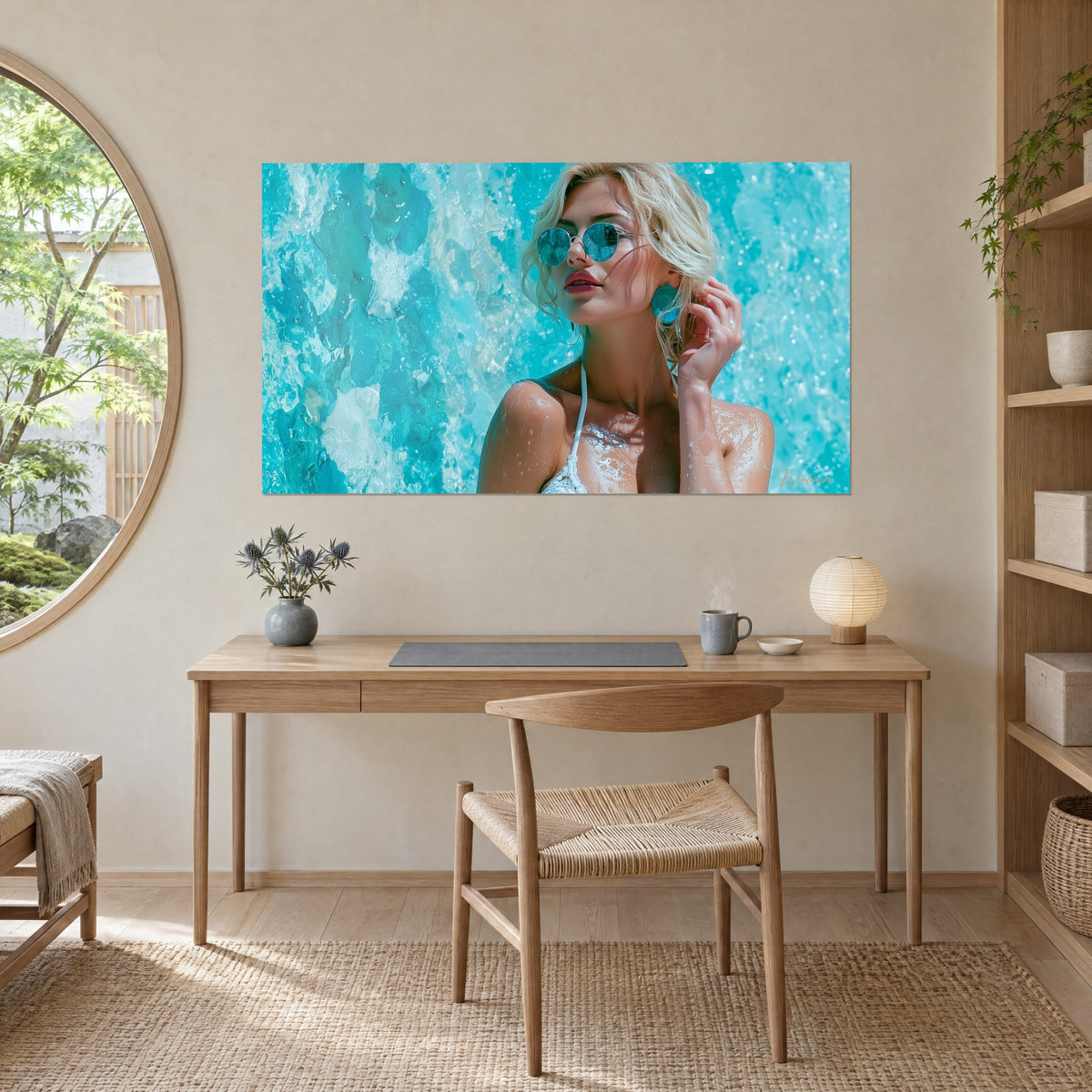 Wall art blonde pin-up with bluish round lenses, droplets on her shoulders, turquoise waves and white foam, cream wall above a wooden desk